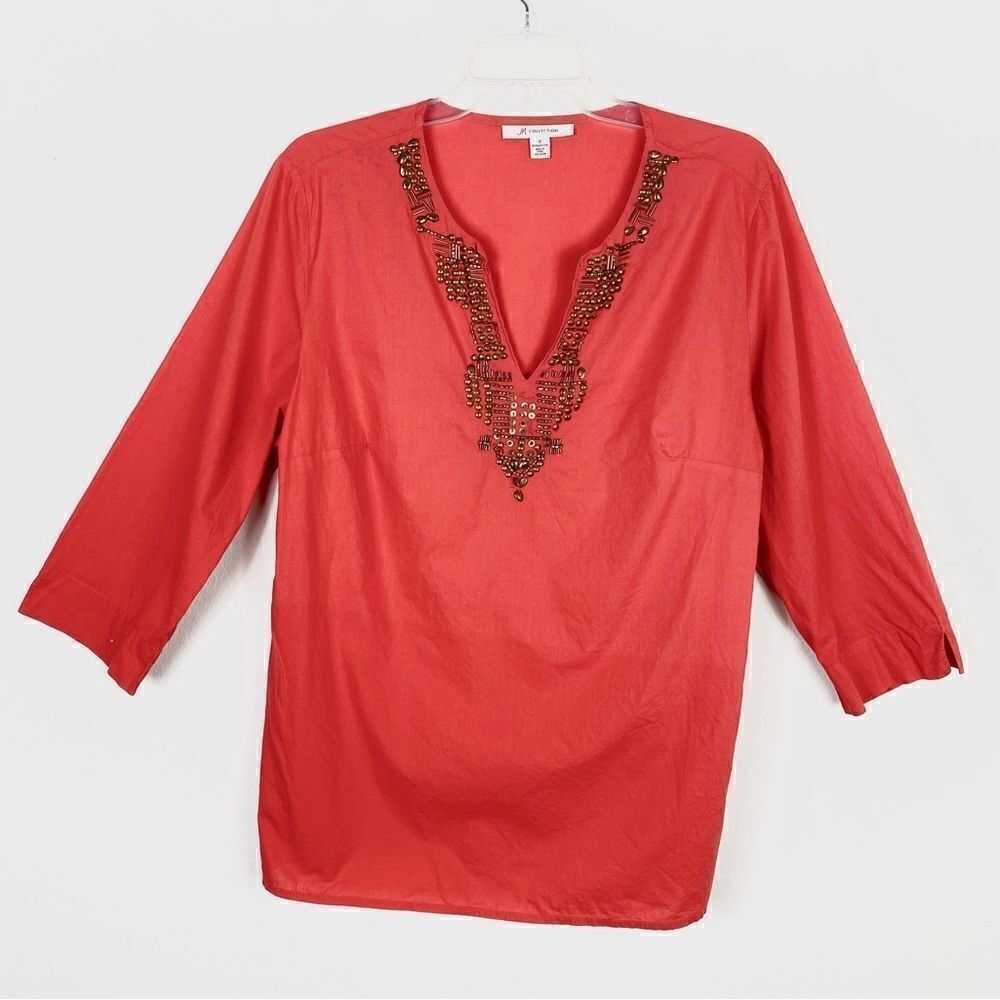 JM Collection Red Orange Beaded V Neck Blouse Top